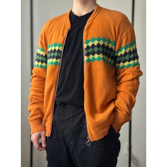 Dries Van Noten Argyle Wool Zip Knit Orange Boxy Sweater - Picture 1 of 7